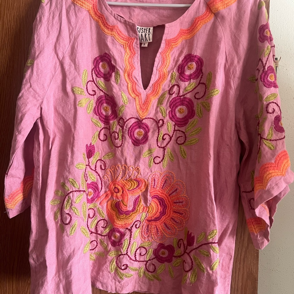 Sister Mary Linen Pink Embroidered Women's Top
